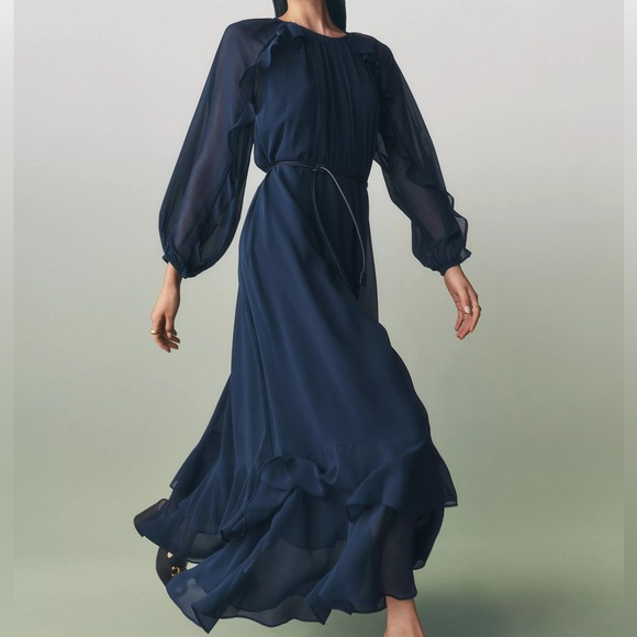 Ann Taylor 2025 Chiffon Swing Maxi Dress Night Sky Navy Blue 00 Petite 00P - Picture 1 of 9